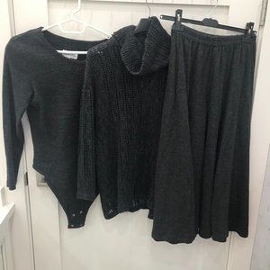 Donna 3 piece Black Shawl, Sweater & Skirt